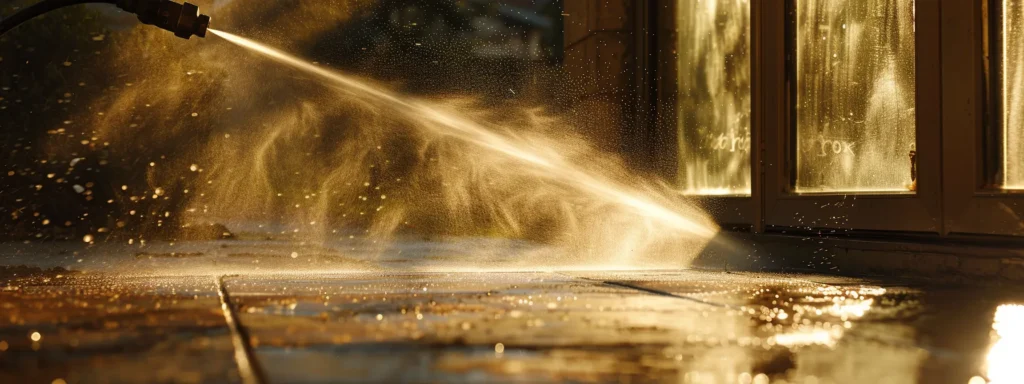 Pressure washing service in action, water spraying on a surface, creating a mist, highlighting the effectiveness of professional cleaning for enhancing curb appeal.