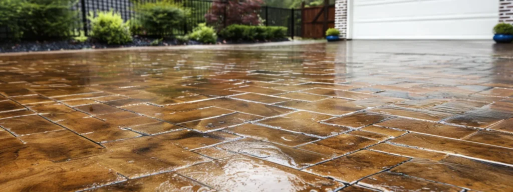 Paver driveway with a wet, polished surface reflecting light, showcasing the effectiveness of professional paver sealing services for enhanced aesthetics and longevity.